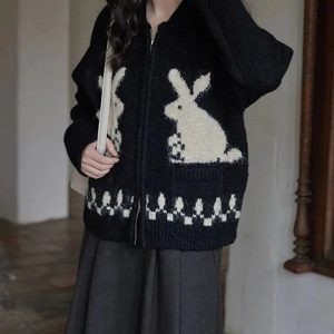 New Style Trends - Kawaii Whimsical Bunny Motif Zip-Up Cardigan - Outfit Ideas