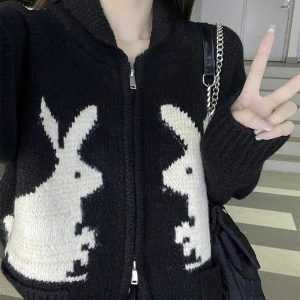 New Style Trends - Kawaii Whimsical Bunny Motif Zip-Up Cardigan - Outfit Ideas