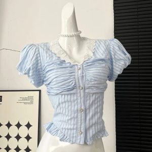 New Style Trends - Lace-Trimmed Striped Coquette Button-Up Blouse - Outfit Ideas