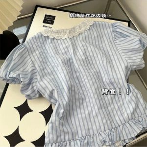 New Style Trends - Lace-Trimmed Striped Coquette Button-Up Blouse - Outfit Ideas