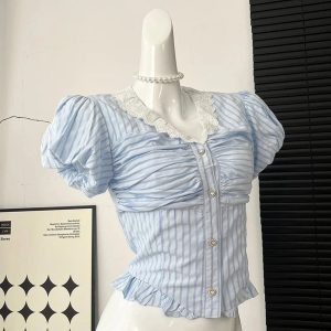 New Style Trends - Lace-Trimmed Striped Coquette Button-Up Blouse - Outfit Ideas