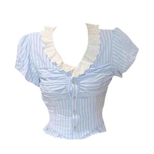 New Style Trends - Lace-Trimmed Striped Coquette Button-Up Blouse - Outfit Ideas