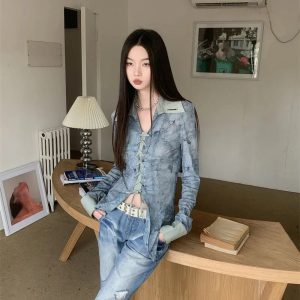 New Style Trends - Lace-Up Distressed Edgy Denim Blouse - Outfit Ideas