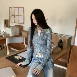 New Style Trends - Lace-Up Distressed Edgy Denim Blouse - Outfit Ideas