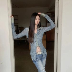 New Style Trends - Lace-Up Distressed Edgy Denim Blouse - Outfit Ideas