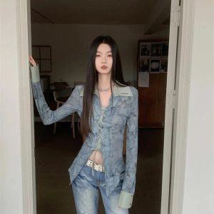 New Style Trends - Lace-Up Distressed Edgy Denim Blouse - Outfit Ideas