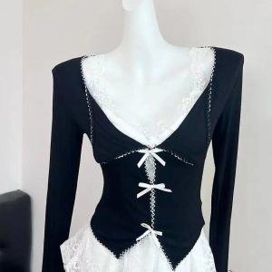 New Style Trends - Noir Coquette Lace Bow Tie Blouse - Outfit Ideas