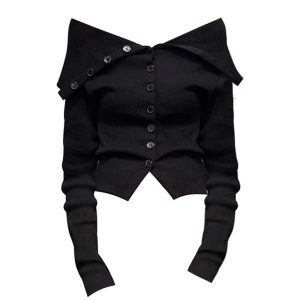 New Style Trends - Noir Off-Shoulder Aesthetic Button-Up Cardigan - Outfit Ideas