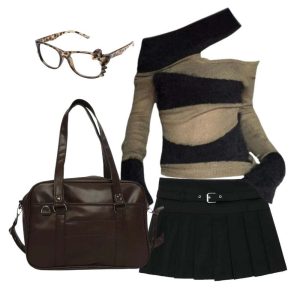 New Style Trends - Outfit: Autumn Chic Short Zipper Skirt+Edgy Eclipse Asymmetrical Top+Japanese Style High School Shoulder Bag+Glasses - Outfit Ideas