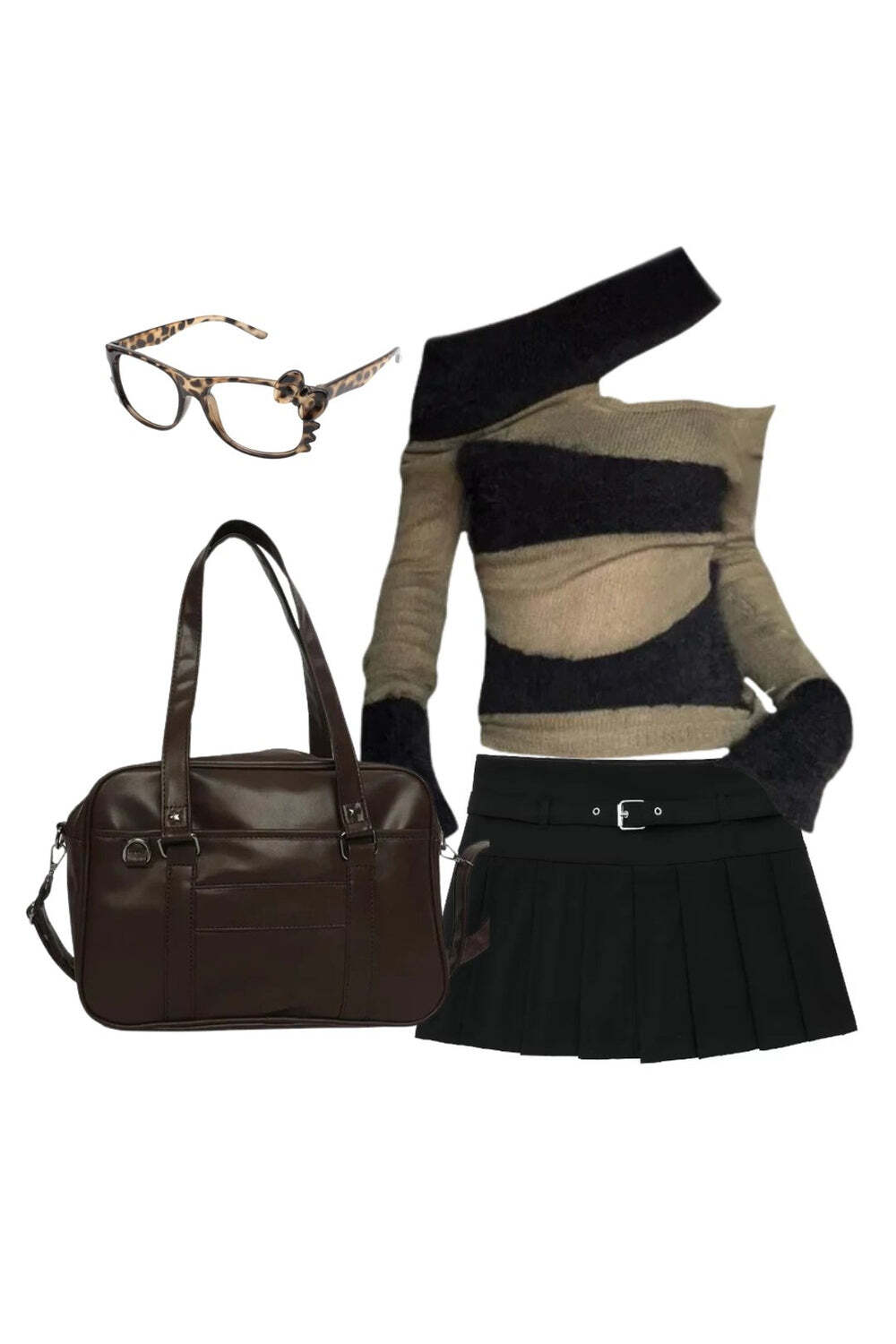 New Style Trends - Outfit: Autumn Chic Short Zipper Skirt+Edgy Eclipse Asymmetrical Top+Japanese Style High School Shoulder Bag+Glasses - Outfit Ideas