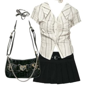 New Style Trends - Outfit: Elegant Stripe Office Blouse+Autumn Chic Short Zipper Skirt+Chain Crossbody Underarm Bag+Ring - Outfit Ideas