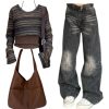 New Style Trends - Outfit: Layered Boho Knit Crop Top+Washed Black Wide-Leg Jeans+Large Casual Leather Handbagbo - Outfit Ideas