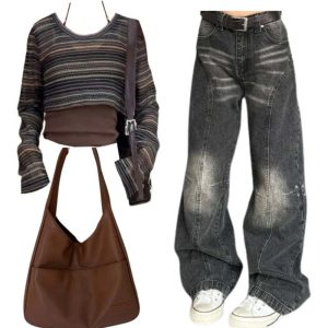New Style Trends - Outfit: Layered Boho Knit Crop Top+Washed Black Wide-Leg Jeans+Large Casual Leather Handbagbo - Outfit Ideas