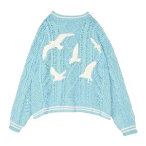 New Style Trends - Pastel Retro Blue Bird Embroidery Cardigan - Outfit Ideas