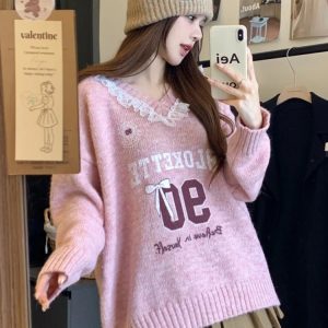 New Style Trends - Pink Lace-Trim Retro Graphic Knit Sweater - Outfit Ideas