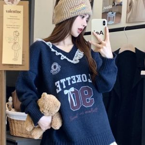 New Style Trends - Pink Lace-Trim Retro Graphic Knit Sweater - Outfit Ideas
