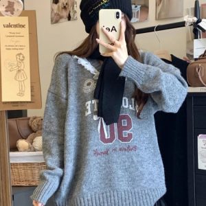 New Style Trends - Pink Lace-Trim Retro Graphic Knit Sweater - Outfit Ideas