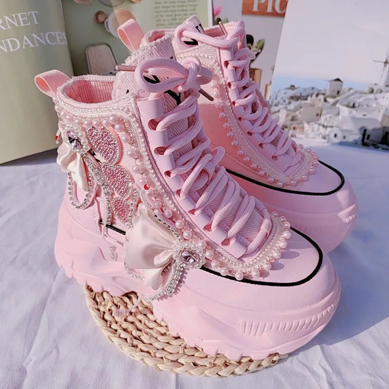 New Style Trends - Pink Pearl Heart High Platform Sneakers - Outfit Ideas