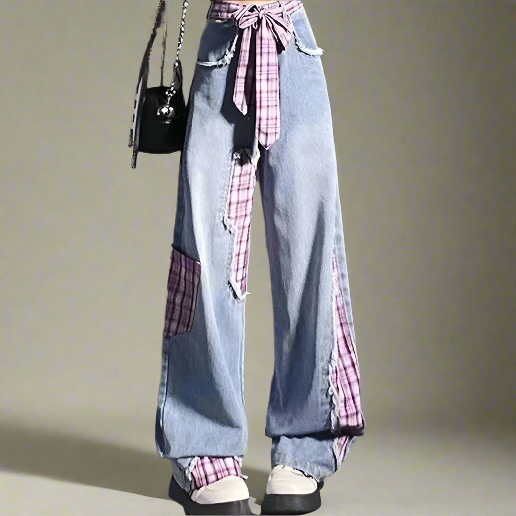 New Style Trends - Plaid Patchwork Edgy Ribbon Jeans - Outfit Ideas