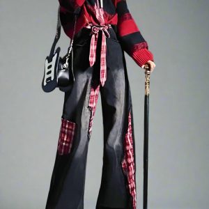 New Style Trends - Plaid Patchwork Edgy Ribbon Jeans - Outfit Ideas