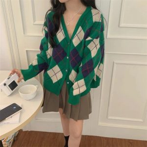 New Style Trends - Retro Argyle Knit Cardigan - Outfit Ideas