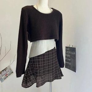 New Style Trends - Retro Asymmetrical Layered Knit Outfit Set - Outfit Ideas