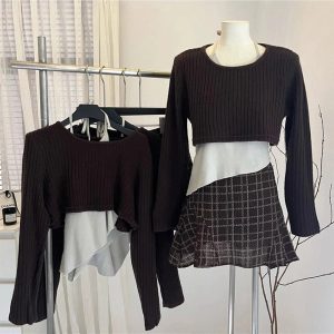 New Style Trends - Retro Asymmetrical Layered Knit Outfit Set - Outfit Ideas