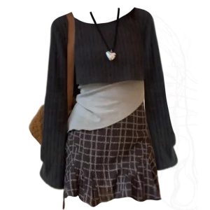 New Style Trends - Retro Asymmetrical Layered Knit Outfit Set - Outfit Ideas