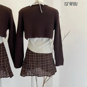 New Style Trends - Retro Asymmetrical Layered Knit Outfit Set - Outfit Ideas