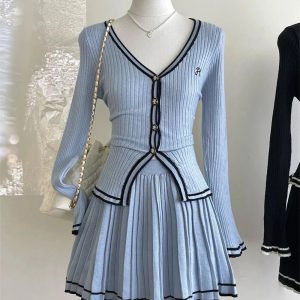 New Style Trends - Retro Button-Up Pleated Skirt Outfit Set - Outfit Ideas