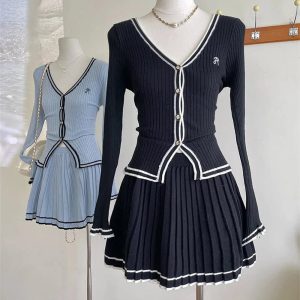 New Style Trends - Retro Button-Up Pleated Skirt Outfit Set - Outfit Ideas
