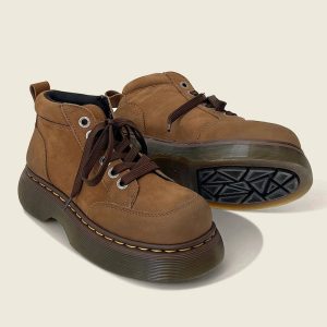 New Style Trends - Retro Chunky Brown Leather Lace-Up Boots - Outfit Ideas