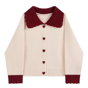 New Style Trends - Retro Fall Heart Button Contrast Collar Cardigan - Outfit Ideas