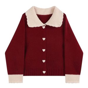 New Style Trends - Retro Fall Heart Button Contrast Collar Cardigan - Outfit Ideas