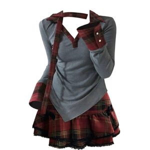 New Style Trends - Retro Plaid Layered Outfit Set - Outfit Ideas