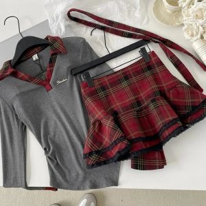 New Style Trends - Retro Plaid Layered Outfit Set - Outfit Ideas