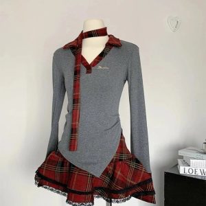 New Style Trends - Retro Plaid Layered Outfit Set - Outfit Ideas