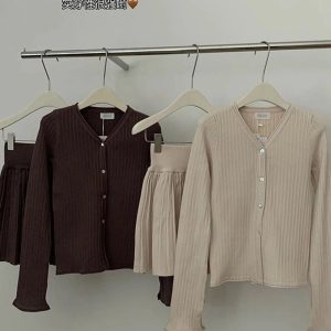 New Style Trends - Retro Ribbed Cardigan and Pleated Skirt Outfit Set - Outfit Ideas