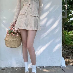 New Style Trends - Retro Ribbed Cardigan and Pleated Skirt Outfit Set - Outfit Ideas