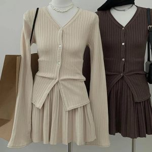 New Style Trends - Retro Ribbed Cardigan and Pleated Skirt Outfit Set - Outfit Ideas