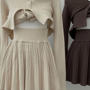 New Style Trends - Retro Ribbed Cardigan and Pleated Skirt Outfit Set - Outfit Ideas