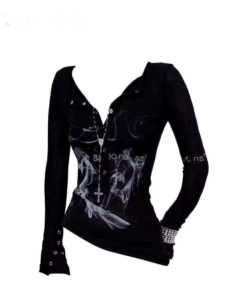 New Style Trends - Smoke Print Alt Goth Long Sleeve Top - Outfit Ideas