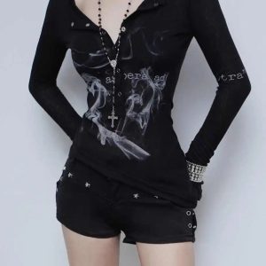 New Style Trends - Smoke Print Alt Goth Long Sleeve Top - Outfit Ideas