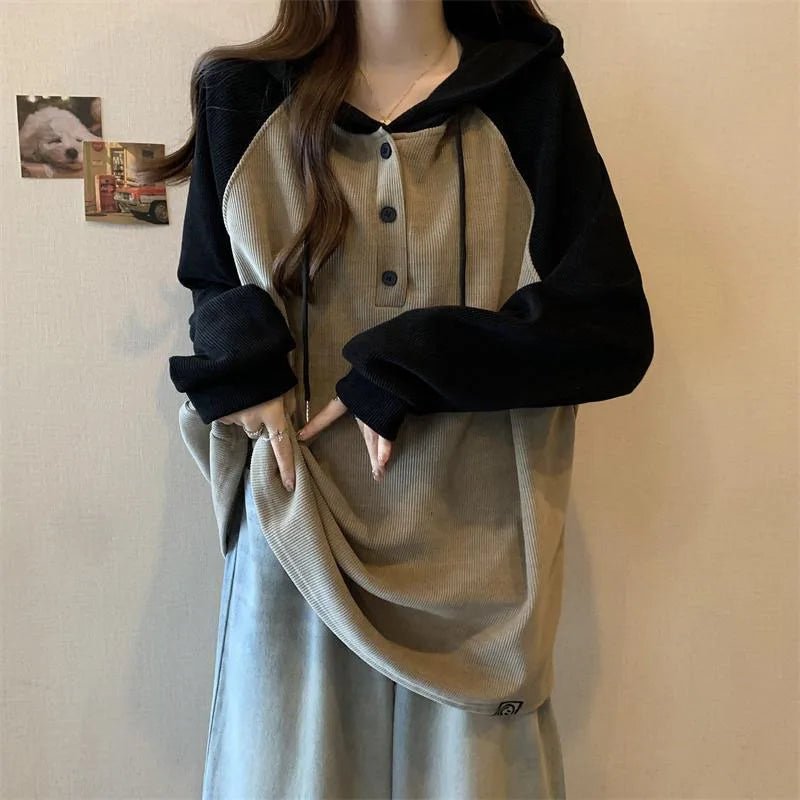 New Style Trends - Two-Tone Button-Up Retro Hooded Sweatshirt - Outfit Ideas