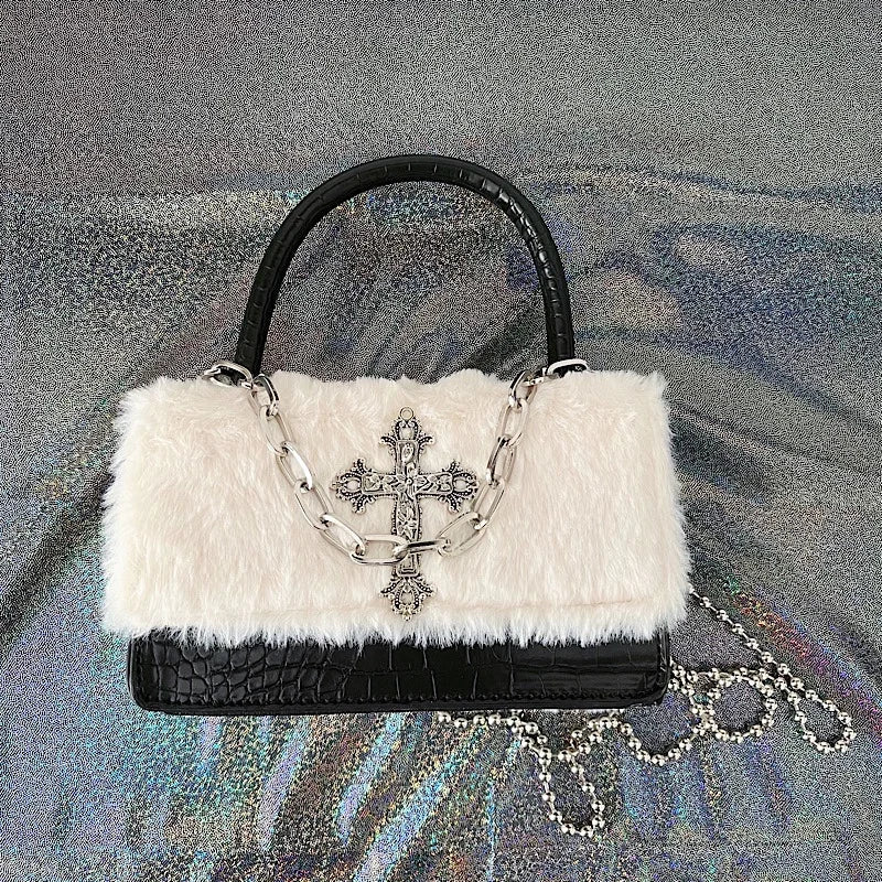 New Style Trends - Y2k Cross Faux Fur Shoulder Bag - Outfit Ideas