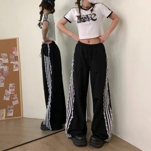 New Style Trends - Y2k Lace-Trim Striped Wide-Leg Pants - Outfit Ideas