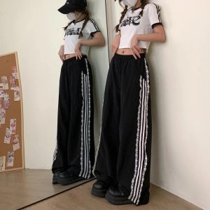 New Style Trends - Y2k Lace-Trim Striped Wide-Leg Pants - Outfit Ideas