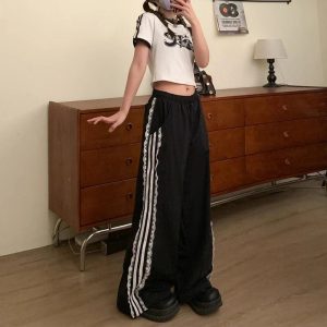 New Style Trends - Y2k Lace-Trim Striped Wide-Leg Pants - Outfit Ideas