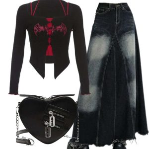 New Style Trends - Y2k Outfit: Alt Goth Graphic Print T-shirt+Faded Black Maxi Denim Skirt+Punk Heart Blade Zipper Chain Bag - Outfit Ideas