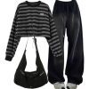 New Style Trends - Y2k Outfit: Baggy Y2K Grunge Sweatpants+Striped Drawstring Women's Sweatshirt+High Quality Nylon Shoulder Bag - Outfit Ideas
